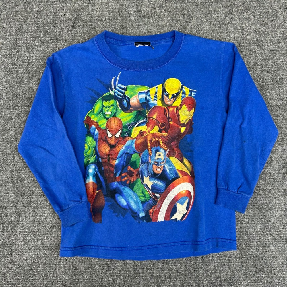 Marvel Avengers Kids Blue Long‎ Sleeve Graphic Tee Spider-Man Hulk Wolverine